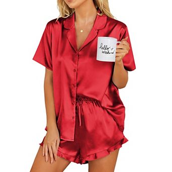 Ekouaer Womens Satin Pajamas Set Button Down 2 pc Silk Pjs Shorts Set Ruffle Lingerie Notch