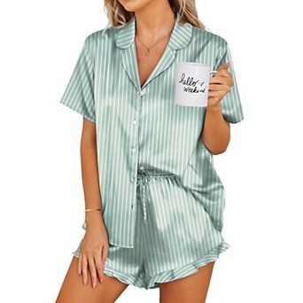 Ekouaer Womens Satin Pajamas Set Button Down 2 pc Silk Pjs Shorts Set Ruffle Lingerie Notch