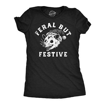 Womens Funny T Shirts Feral But Festive Sarcastic Christmas Possum Graphic Tee for Ladies