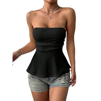 Womens Cute Ruffle Knit Tank Top Peplum Tube Sleeveless Strapless Bandeau Style