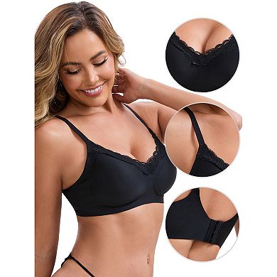 2 Packs Women's Lace Trim V-Neck Wireless Bras Adjustable Spaghetti Straps Lift Up No Trace Bralette
