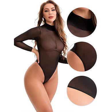 2 Packs Women's Mesh Tight High Neck See Through Jumpsuits Tummy Control Long Sleeve Bodysuit
