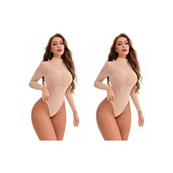 2 Packs Women's Mesh Tight High Neck See Through Jumpsuits Tummy Control Long Sleeve Bodysuit