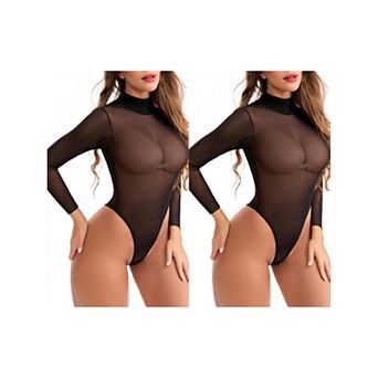 2 Packs Women's Mesh Tight High Neck See Through Jumpsuits Tummy Control Long Sleeve Bodysuit