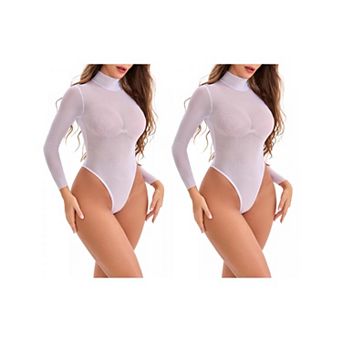 2 Packs Women's Mesh Tight High Neck See Through Jumpsuits Tummy Control Long Sleeve Bodysuit