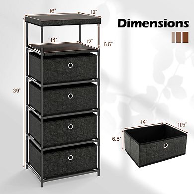 Gymax 4-Drawer Dresser w/ Shelf w/ Fabric Bins Industrial Storage Tower Unit