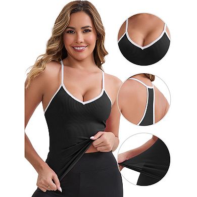 2 Packs Women's V-Neck Spaghetti Straps Tank Top Slim Fit Solid Elastic Cropped Athletic Camisoles