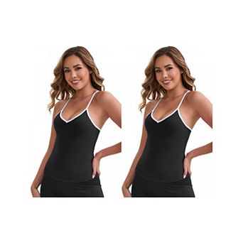 2 Packs Women's V-Neck Spaghetti Straps Tank Top Slim Fit Solid Elastic Cropped Athletic Camisoles
