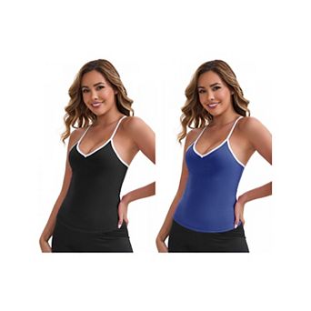 2 Packs Women's V-Neck Spaghetti Straps Tank Top Slim Fit Solid Elastic Cropped Athletic Camisoles