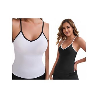 2 Packs Women's V-Neck Spaghetti Straps Tank Top Slim Fit Solid Elastic Cropped Athletic Camisoles