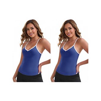2 Packs Women's V-Neck Spaghetti Straps Tank Top Slim Fit Solid Elastic Cropped Athletic Camisoles