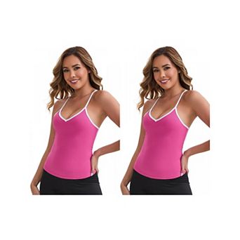 2 Packs Women's V-Neck Spaghetti Straps Tank Top Slim Fit Solid Elastic Cropped Athletic Camisoles