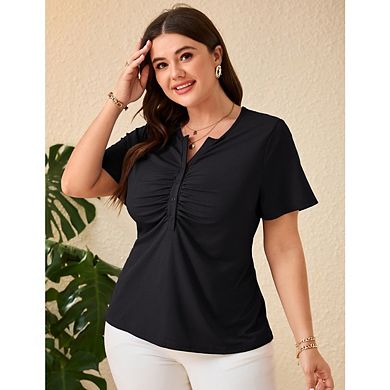 Women's Plus Size Short Sleeve Ruched V-Neck Button Down Top