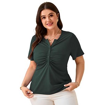 Women's Plus Size Short Sleeve Ruched V-Neck Button Down Top