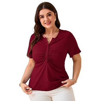 Women's Plus Size Short Sleeve Ruched V-Neck Button Down Top