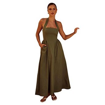 Women's Halter Neck Backless A-Line Maxi Dress, Elegant Summer Casual Long Dress