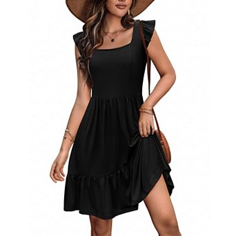 Zeagoo Women's Floral Ruffle Tiered Square Neck Mini Boho Beach Sundress with Pockets