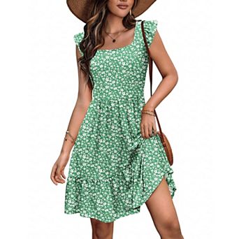 Zeagoo Women's Floral Ruffle Tiered Square Neck Mini Boho Beach Sundress with Pockets