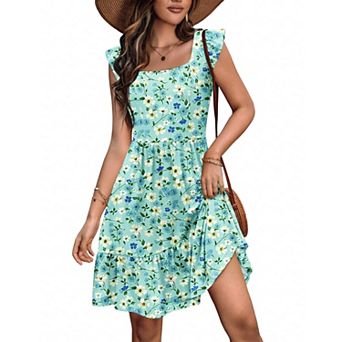 Zeagoo Women's Floral Ruffle Tiered Square Neck Mini Boho Beach Sundress with Pockets