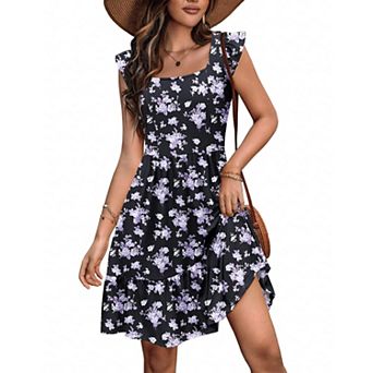 Zeagoo Women's Floral Ruffle Tiered Square Neck Mini Boho Beach Sundress with Pockets