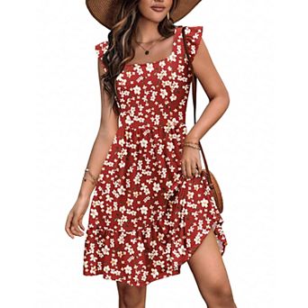 Zeagoo Women's Floral Ruffle Tiered Square Neck Mini Boho Beach Sundress with Pockets