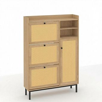 ANIXOL Narrow Rattan & Wood Shoe Cabinet with Flip-Drawers