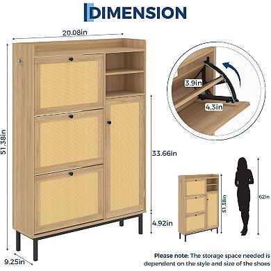 ANIXOL Narrow Rattan & Wood Shoe Cabinet with Flip-Drawers