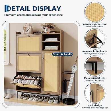 ANIXOL Narrow Rattan & Wood Shoe Cabinet with Flip-Drawers