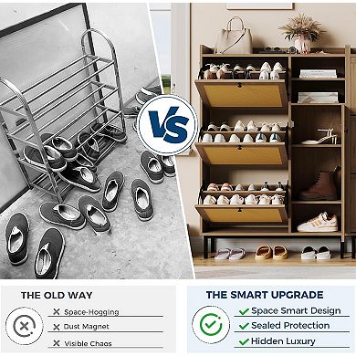 ANIXOL Narrow Rattan & Wood Shoe Cabinet with Flip-Drawers