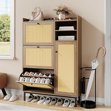ANIXOL Narrow Rattan & Wood Shoe Cabinet with Flip-Drawers