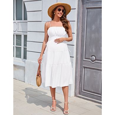 Women's Maternity Sleeveless Spaghetti Strap Tiered Midi Dress