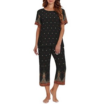 Ekouaer Women's Two Piece Lounge Set Short Sleeve Shirt and Capri Pants Mumu Pajama with Pockets