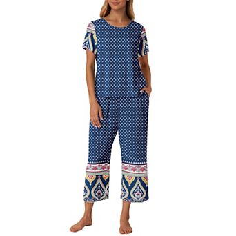 Ekouaer Women's Two Piece Lounge Set Short Sleeve Shirt and Capri Pants Mumu Pajama with Pockets