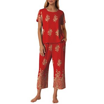 Ekouaer Women's Two Piece Lounge Set Short Sleeve Shirt and Capri Pants Mumu Pajama with Pockets