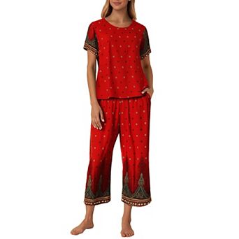 Ekouaer Women's Two Piece Lounge Set Short Sleeve Shirt and Capri Pants Mumu Pajama with Pockets