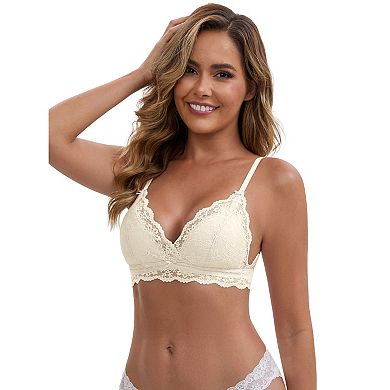 2 Packs Women's Lace Plunge Wireless Bras Back Closure Adjustable Spaghetti Straps Triangle Bra