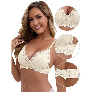 2 Packs Women's Lace Plunge Wireless Bras Back Closure Adjustable Spaghetti Straps Triangle Bra