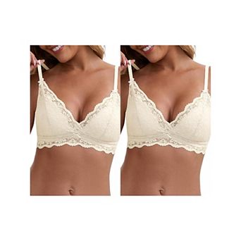 2 Packs Women's Lace Plunge Wireless Bras Back Closure Adjustable Spaghetti Straps Triangle Bra