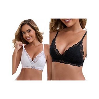 2 Packs Women's Lace Plunge Wireless Bras Back Closure Adjustable Spaghetti Straps Triangle Bra