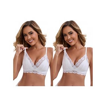 2 Packs Women's Lace Plunge Wireless Bras Back Closure Adjustable Spaghetti Straps Triangle Bra