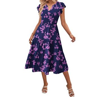Zeagoo Women's V Neck Tiered Midi Swing Dress Short Sleeve Sundress with Pockets