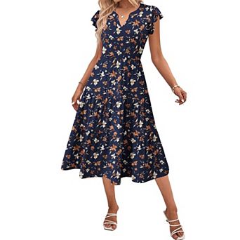Zeagoo Women's V Neck Tiered Midi Swing Dress Short Sleeve Sundress with Pockets