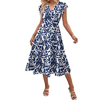 Zeagoo Women's V Neck Tiered Midi Swing Dress Short Sleeve Sundress with Pockets