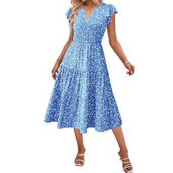 Zeagoo Women's V Neck Tiered Midi Swing Dress Short Sleeve Sundress with Pockets