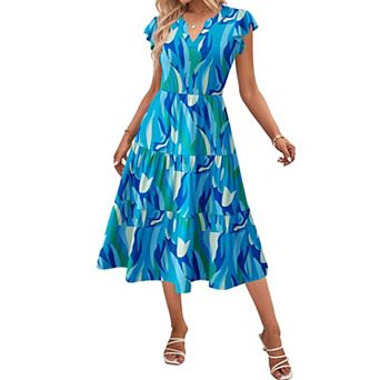 Zeagoo Women's V Neck Tiered Midi Swing Dress Short Sleeve Sundress with Pockets