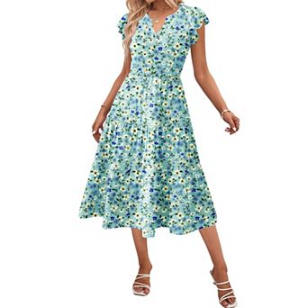 Zeagoo Women's V Neck Tiered Midi Swing Dress Short Sleeve Sundress with Pockets