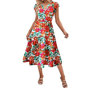 Zeagoo Women's V Neck Tiered Midi Swing Dress Short Sleeve Sundress with Pockets