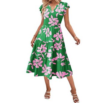 Zeagoo Women's V Neck Tiered Midi Swing Dress Short Sleeve Sundress with Pockets