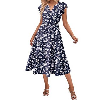 Zeagoo Women's V Neck Tiered Midi Swing Dress Short Sleeve Sundress with Pockets