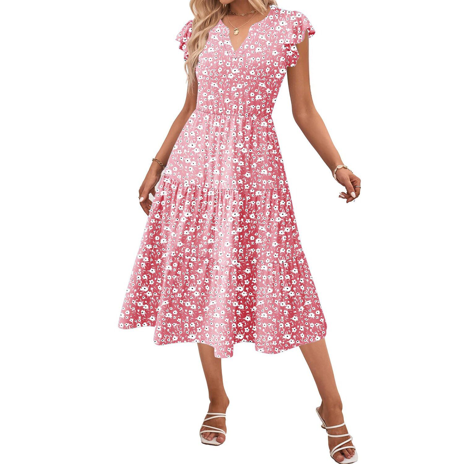 Женское платье Zeagoo V Neck Tiered Midi Swing Dress Short Sleeve Sundress with Pockets, цвет: Синий с принтом